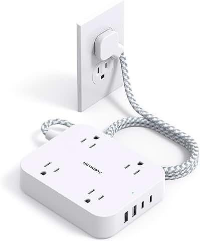 5ft Flat Plug Power Strip with 4 USB Ports