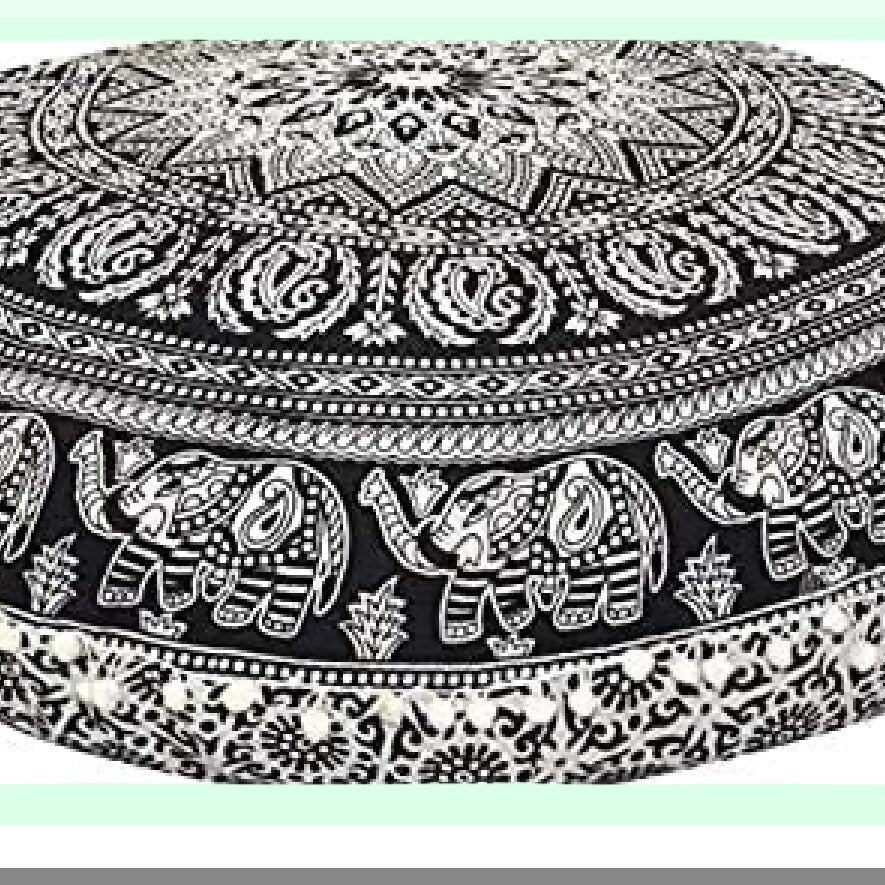 Bohemian Blue Pom Pom Floor Pillow - 32 Inch Cushion Seating Throw Cover for Hippie Decor, Boho Ottoman Poufs, Large Pom Pom Pillow Cases - CHOKHOR PHOOL Black