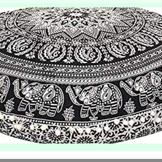 Bohemian Blue Pom Pom Floor Pillow - 32 Inch Cushion Seating Throw Cover for Hippie Decor, Boho Ottoman Poufs, Large Pom Pom Pillow Cases - CHOKHOR PHOOL Black