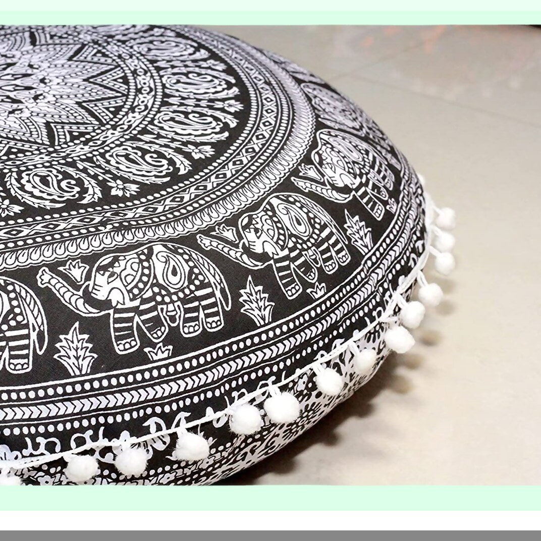 Bohemian Blue Pom Pom Floor Pillow - 32 Inch Cushion Seating Throw Cover for Hippie Decor, Boho Ottoman Poufs, Large Pom Pom Pillow Cases - CHOKHOR PHOOL Black
