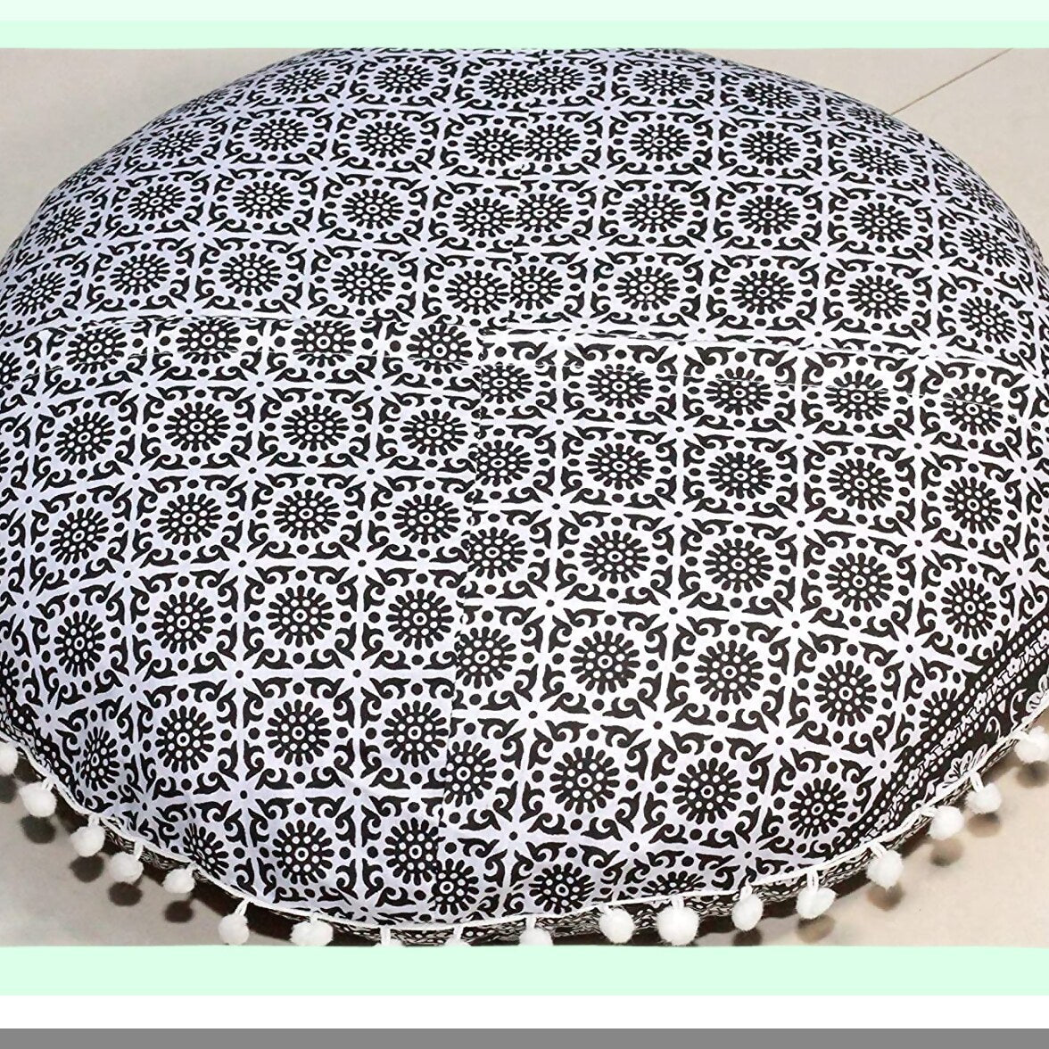 Bohemian Blue Pom Pom Floor Pillow - 32 Inch Cushion Seating Throw Cover for Hippie Decor, Boho Ottoman Poufs, Large Pom Pom Pillow Cases - CHOKHOR PHOOL Black