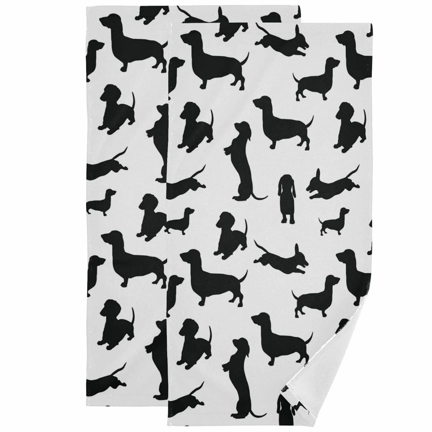 Dog Pattern Hand Towels 14x28 in, 2 Pack, Black and White