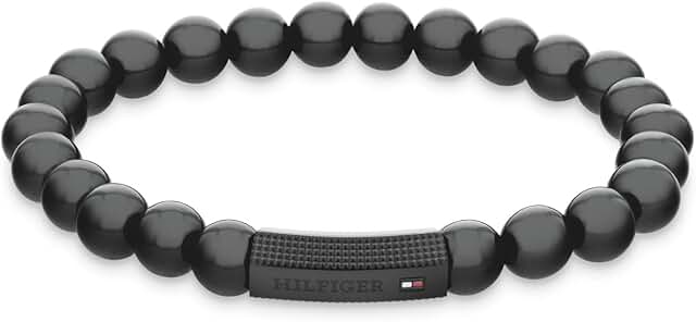 Black beaded men's bracelet, stretchy, 180 mm