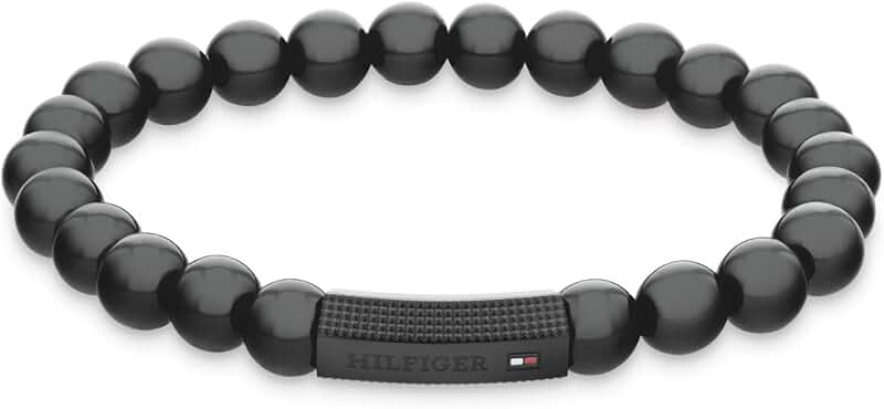 Black beaded men's bracelet, stretchy, 180 mm