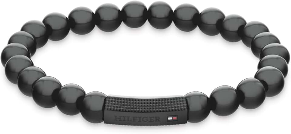 Black beaded men's bracelet, stretchy, 180 mm