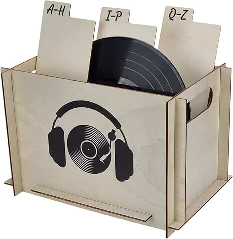 Wooden vinyl record storage crate with handles