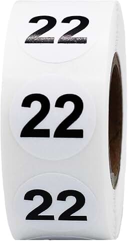 White 3/4 Inch Number 22 Circle Dot Stickers, 500 Labels