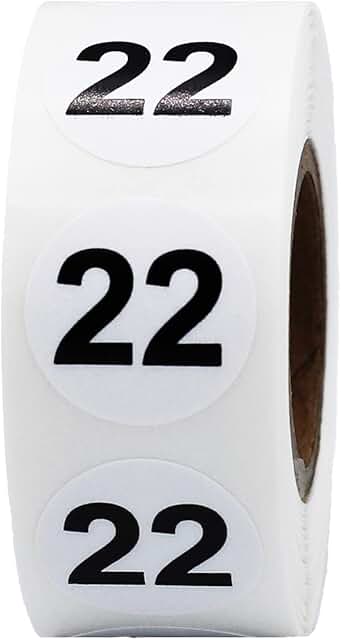 White 3/4 Inch Number 22 Circle Dot Stickers, 500 Labels