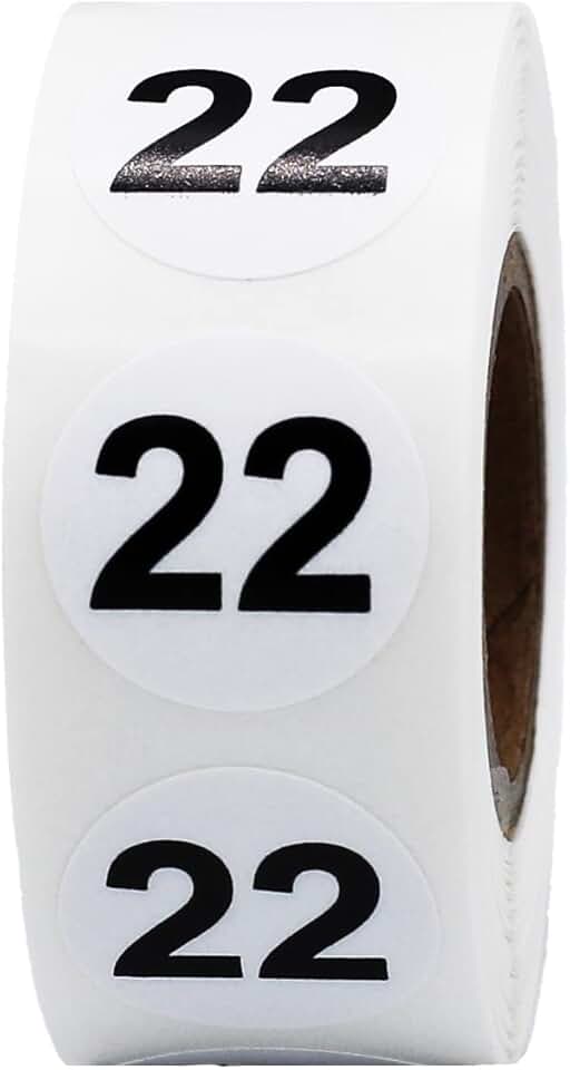 White 3/4 Inch Number 22 Circle Dot Stickers, 500 Labels
