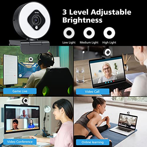 Streaming Webcam with Ring Light - HD 1080P Webcam with Microphone for Desktop PC Laptop, USB Autofocus Web Camera for Online Learning Gaming Google Meet, Free Tripod