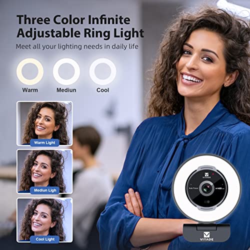 Zoomable Webcam with Remote Control,  1080P 60FPS Streaming Webcam with Ring Light and Microphone, Pro USB Webcam with 5X Digital Zoom Built in Privacy Cover for Zoom/Skype Teams/PC/Laptop/Mac