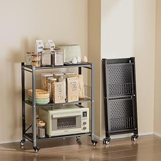 3-Tier Foldable Metal Storage Shelves on Wheels