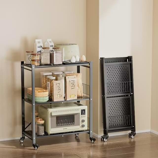 3-Tier Foldable Metal Storage Shelves on Wheels