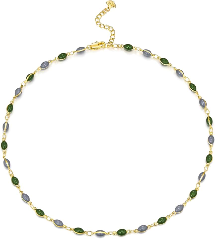Adjustable 18K Gold Plated Blue Green Enamel Bead Necklace
