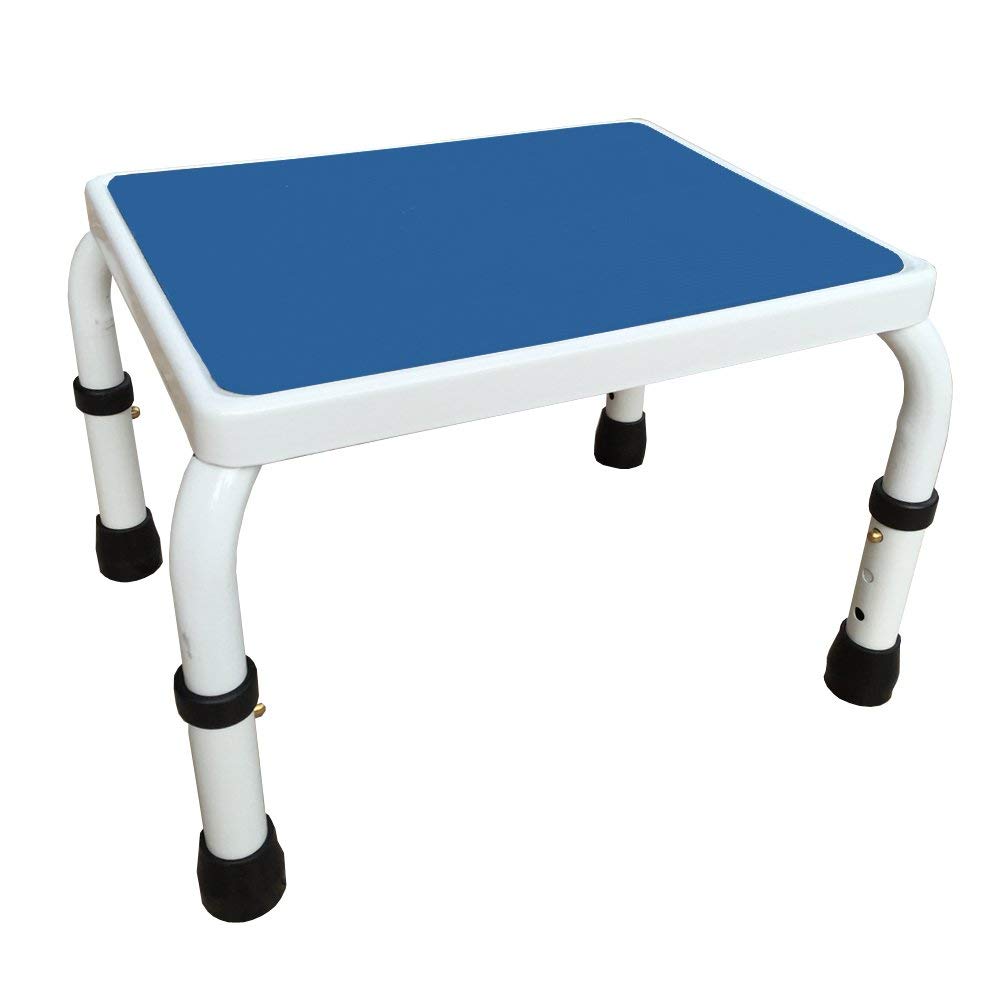 AdjustaStep(tm) Deluxe Step Stool/Footstool with Handle/Handrail, Height Adjustable. 2 Products in 1. Modern White/Blue Design. Padded Non- Handle. 300  Capacity