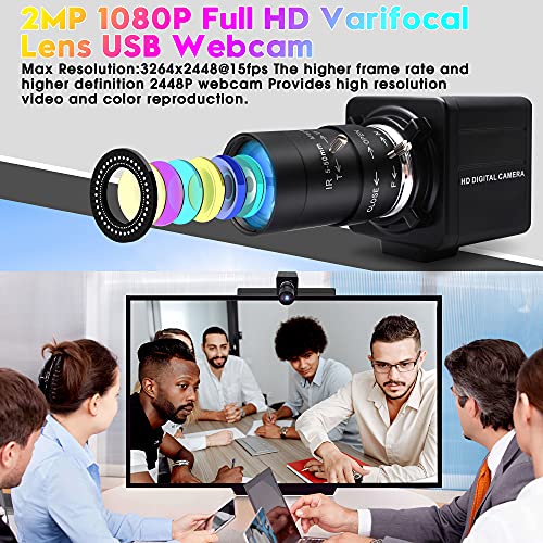 2MP Varifocal Webcam 10X Optical Zoom Camera,5-50mm Vari-Focus Webcameras with IMX323 Image Sensor,High Speed Video Conference Zoom Webcam,Plug&Play USB Web Cameras for Windows/Linux/Raspberry Pi