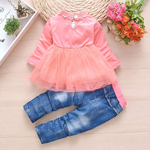 Baby&Little Girls Outfits 3pcs Sets Denim Jacket Long Sleeve Lace Skirt and Jeans(1-2Y,Pink)