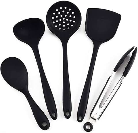 Black silicone cookware set with heat-resistant utensils