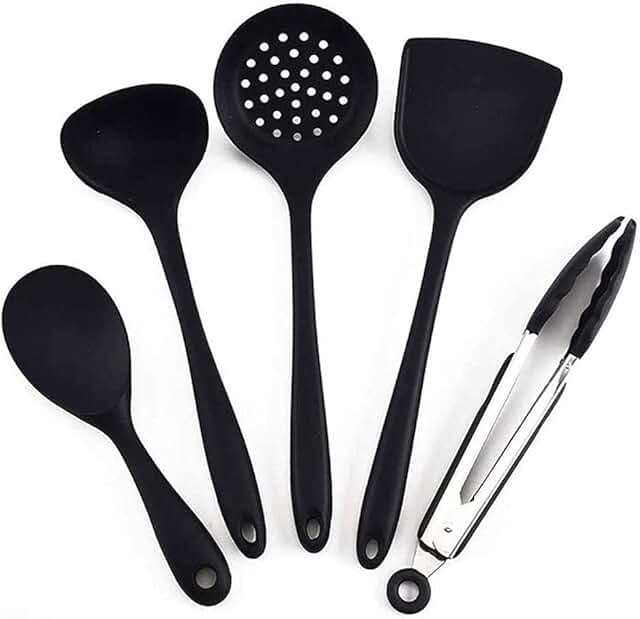 Black silicone cookware set with heat-resistant utensils