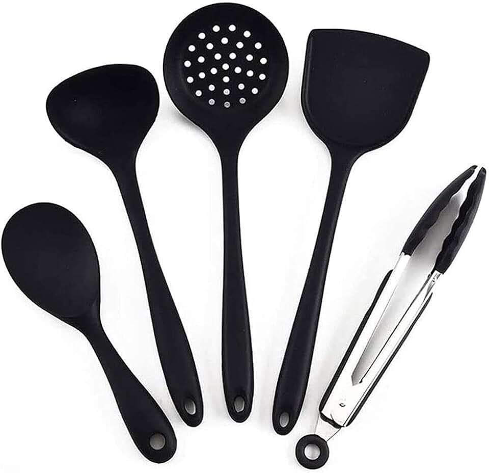 Black silicone cookware set with heat-resistant utensils