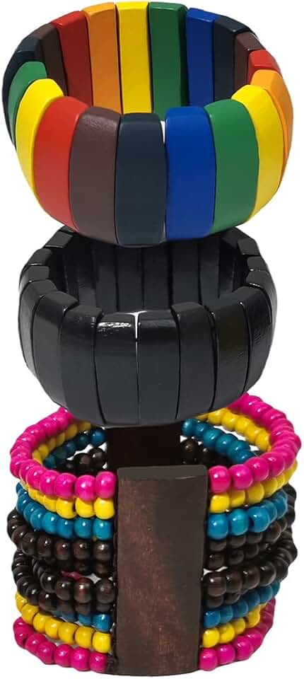 Set of three handmade wooden beaded stretch bracelets for women