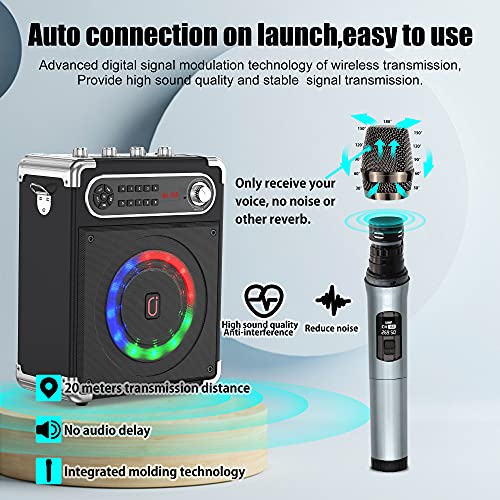 Bluetooth Speaker with Two Wireless Microphones, Outdoor Speaker with Subwoofer/Tweeter, Portable PA Speaker System with Remote Control, Discol Lights, FM, REC for Home, Party