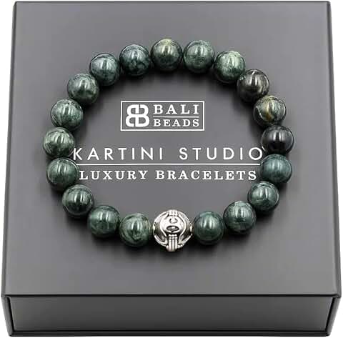Dark Green Jade and Silver Beads Bracelet for Men