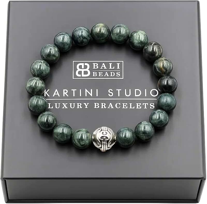 Dark Green Jade and Silver Beads Bracelet for Men
