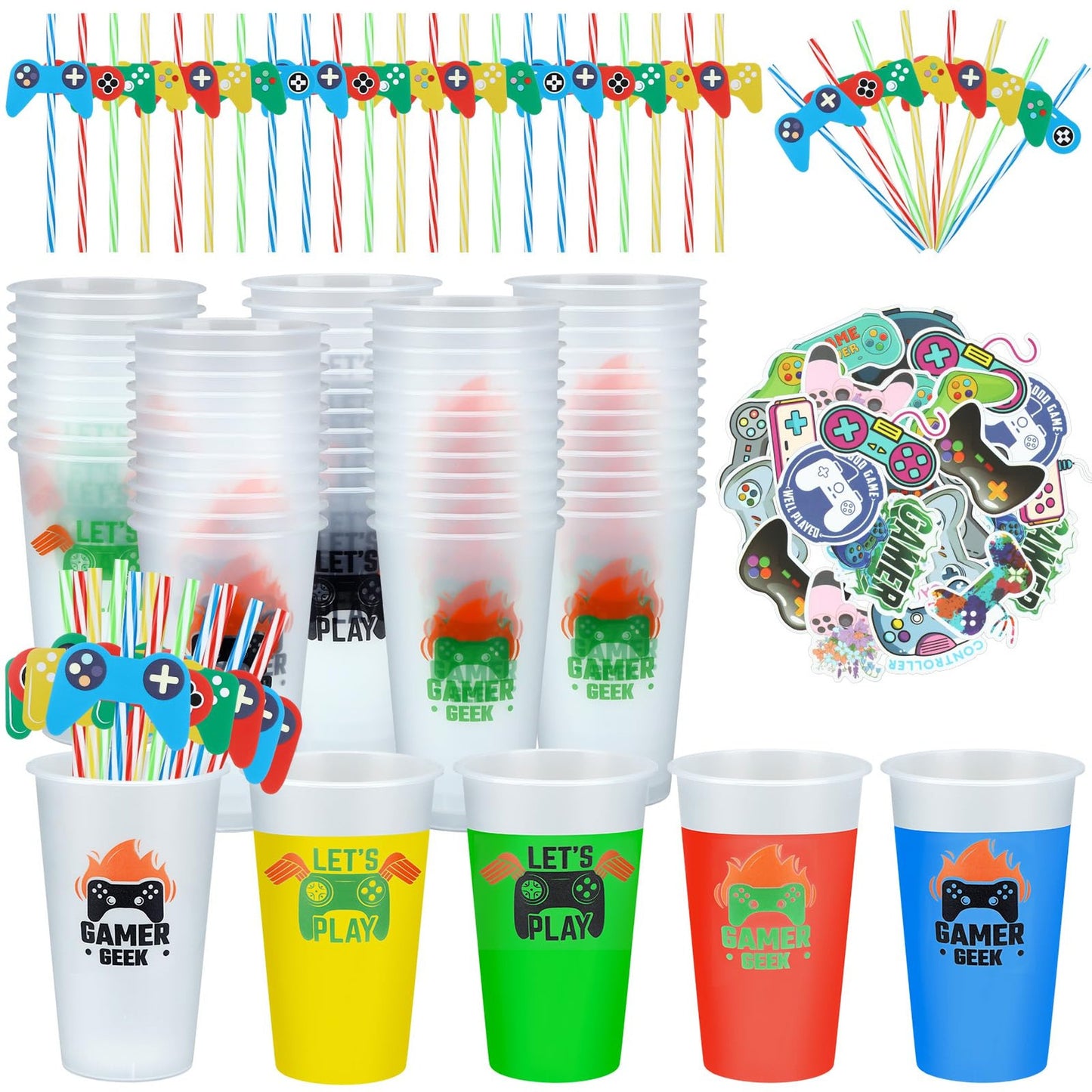 Game On Party Pack - 50 Pcs Video Game Cups & Straws Set with Controller Pattern Cards, Gaming Stickers, and Points for Kids Gamer Birthday Bash.