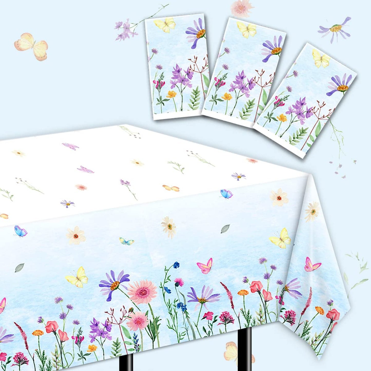 Wildflower Party Tablecloth Set - Spring Plastic Covers for Baby Shower, Birthday, Picnic - 3Pcs Flower Decorations & Supplies