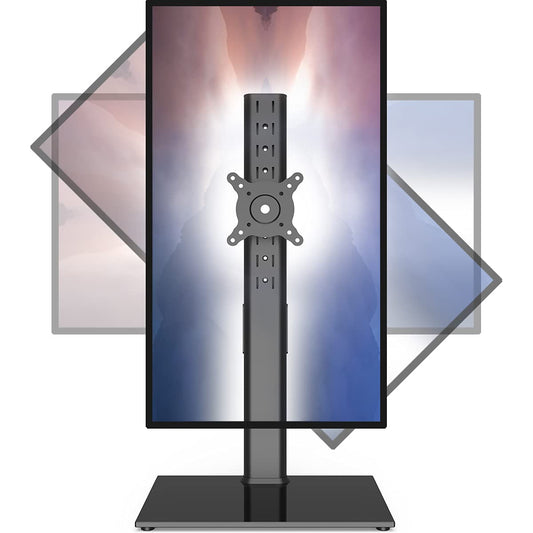 Single monitor stand for 27-43 inch screens with adjustable tilt swivel and rotation