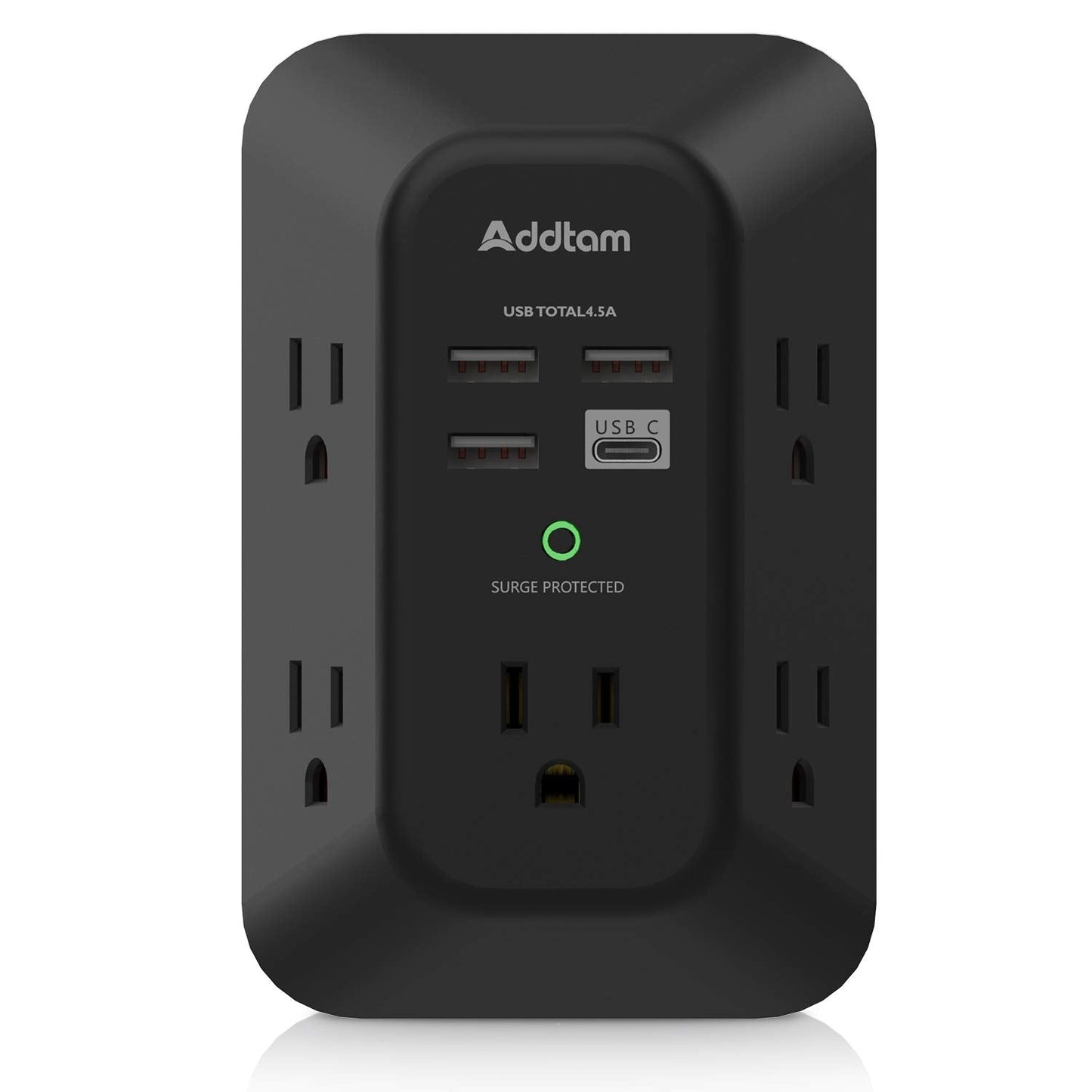 USB Wall Charger Surge Protector - 5 Outlet Extender with 4 USB Charging Ports ( 1 USB C), 3-Sided 1800J Power Strip Multi Plug Outlets Adapter Widely Spaced,Black