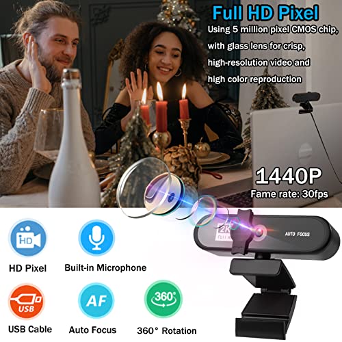 Webcam with Microphone, 1440p HD Computer Camera Webcam with Microphone for Desktopwith Privacy Cover, Autofocus USB and Tripod Stand,for PC Mac Laptop Desktop Video Calling Conferencing Recording