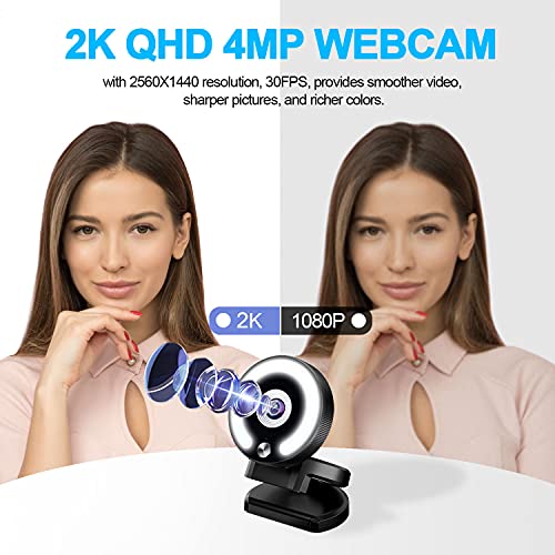 2K QHD Webcam with Streaming Microphone and Adjustable Lights Autofocus Plug and Play Web Camera for Online Lessons Zoom Meeting Skype Teams PC Mac Laptop Desktop Computer