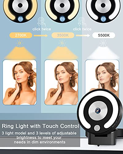 2K Webcam with Ring Light, Ultra HD Streaming Web Cam with Microphone, 3 Colors and 3-Level Brightness, Auto-Focus Plug and Play Computer Web Camera with Tripod for Live Streaming/YouTube/Skype/Zoom