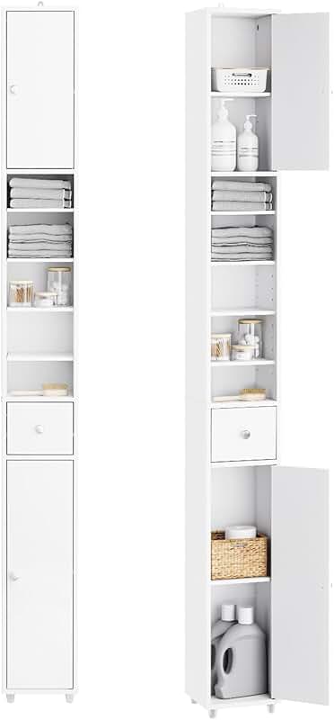 Narrow tall bathroom storage cabinet with adjustable shelves
