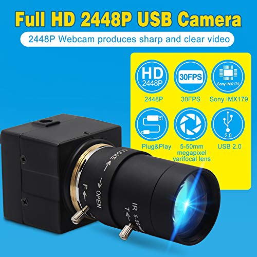 8MP Webcam,Web Camera HD 5-50mm Manual Variable Focus Lens, IMX179 Sensor USB Camera PC Desktop/Laptop HD 2448P Zoom Camera Compatible with Mac/Windows/Linux/Android USB8MP02G-SFV (5-50)