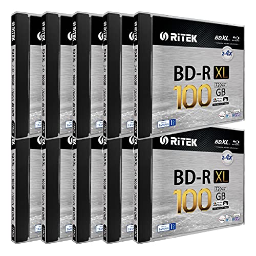 10 Pack BD-R XL BDXL 100GB Triple Layers 4X White Inkjet Hub Printable Blank Disc w/Standard Jewel Case, BDR1004-RTKIWN1JC