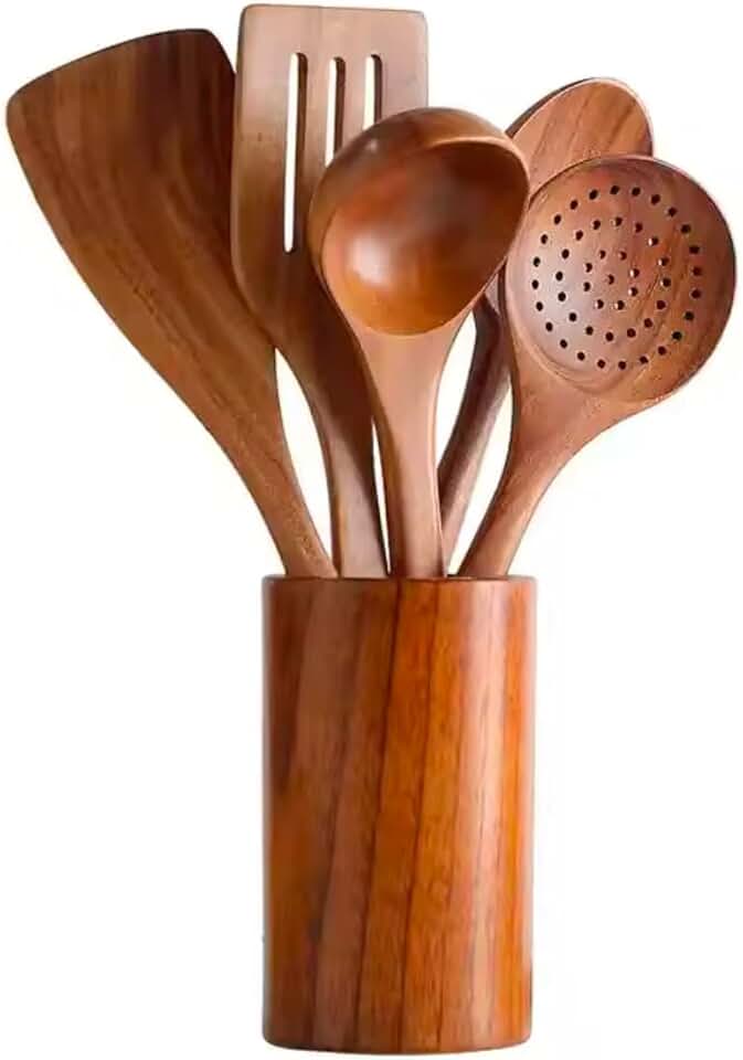 5-Piece Wooden Kitchen Utensil Set with Holder