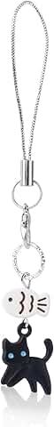Black Cat Phone Charm with Fish and Cat Design