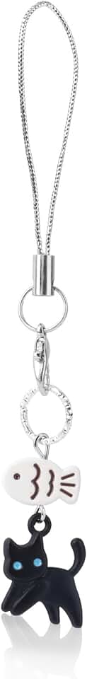 Black Cat Phone Charm with Fish and Cat Design