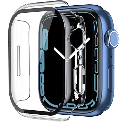 2 Pack Case Built in Tempered Glass Screen Protector Compatible with Apple Watch Series 8/ Series 7 45mm, Hard PC Case Ultra-Thin Bumper Overall Protective Cover- Transparent
