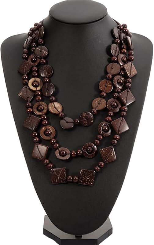 Three-layer bohemian multicolor wood bead necklace