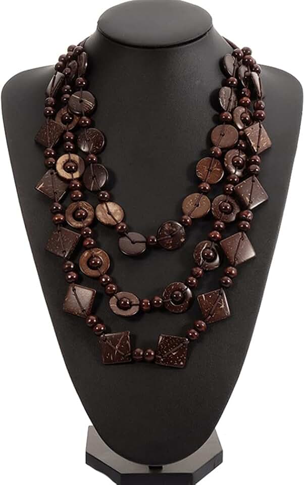 Three-layer bohemian multicolor wood bead necklace