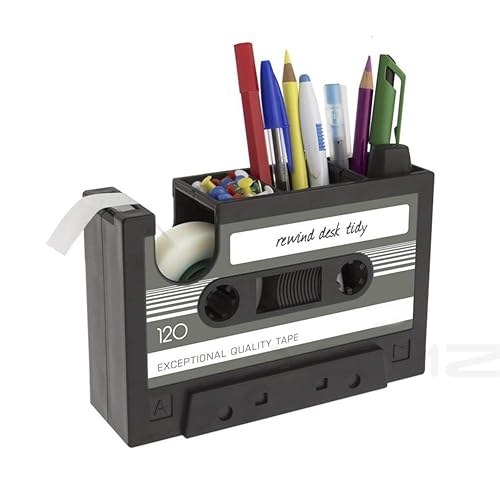 Gray tape dispenser and pen holder with retro cassette design