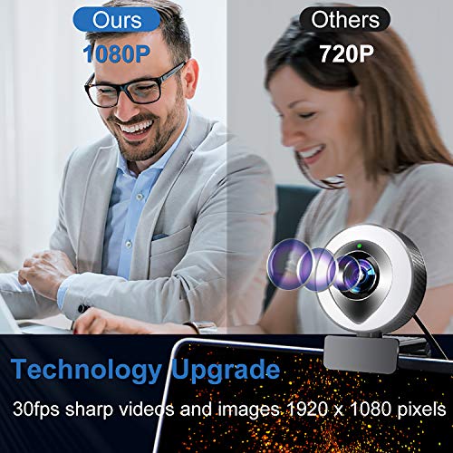2021 1080P Webcam with Microphone and Ring Light, Adjustable Brightness Full HD Plug and Play Web Camera Auto-Focus with Tripod Streaming USB Webcam for Windows PC Desktop Laptop MAC Zoom YouTube