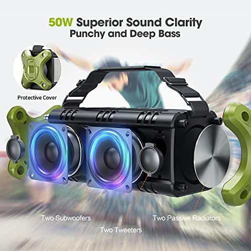 Bluetooth Speakers, 50W Deep Bass Portable Loud Bluetooth Speaker, IPX6 Waterproof Outdoor Speaker with HD Stereo Sound/Wireless Two Pairing/2-Equalizer/Power Bank/30H Playtime/TF Card/AUX/NFC