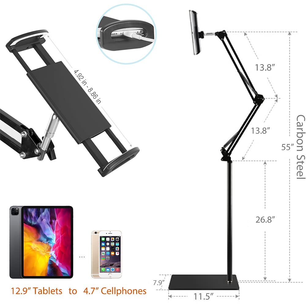 Tablet Floor Stand, Overhead Camera Phone Mount Angle Height Adjustable Holder, Universal Floor Stand Compatible with iPhone iPad Pro Air Mini, Samsung Tab, Kindle, E-Readers