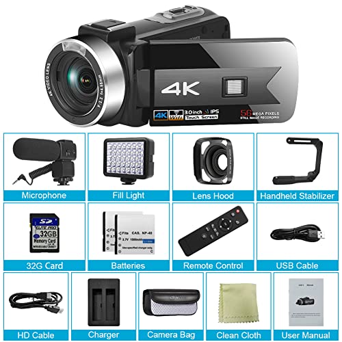 Video Camera Camcorder 4K 56MP Vlogging Camera with IR Night Vision 16X Digital Zoom, Microphone 2.4G Remote Control