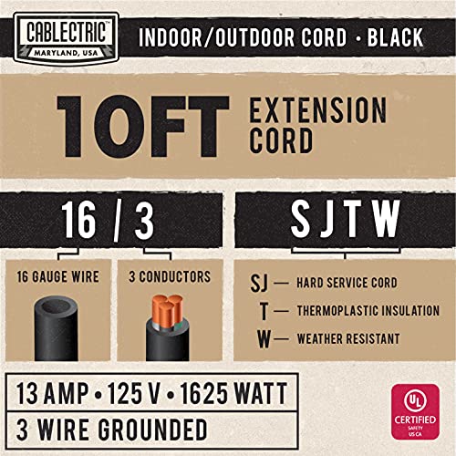 10 Foot Outdoor Extension Cord - 16/3 SJTW Black 16 Gauge Electrical Cable with 3 Prong Grounded Plug